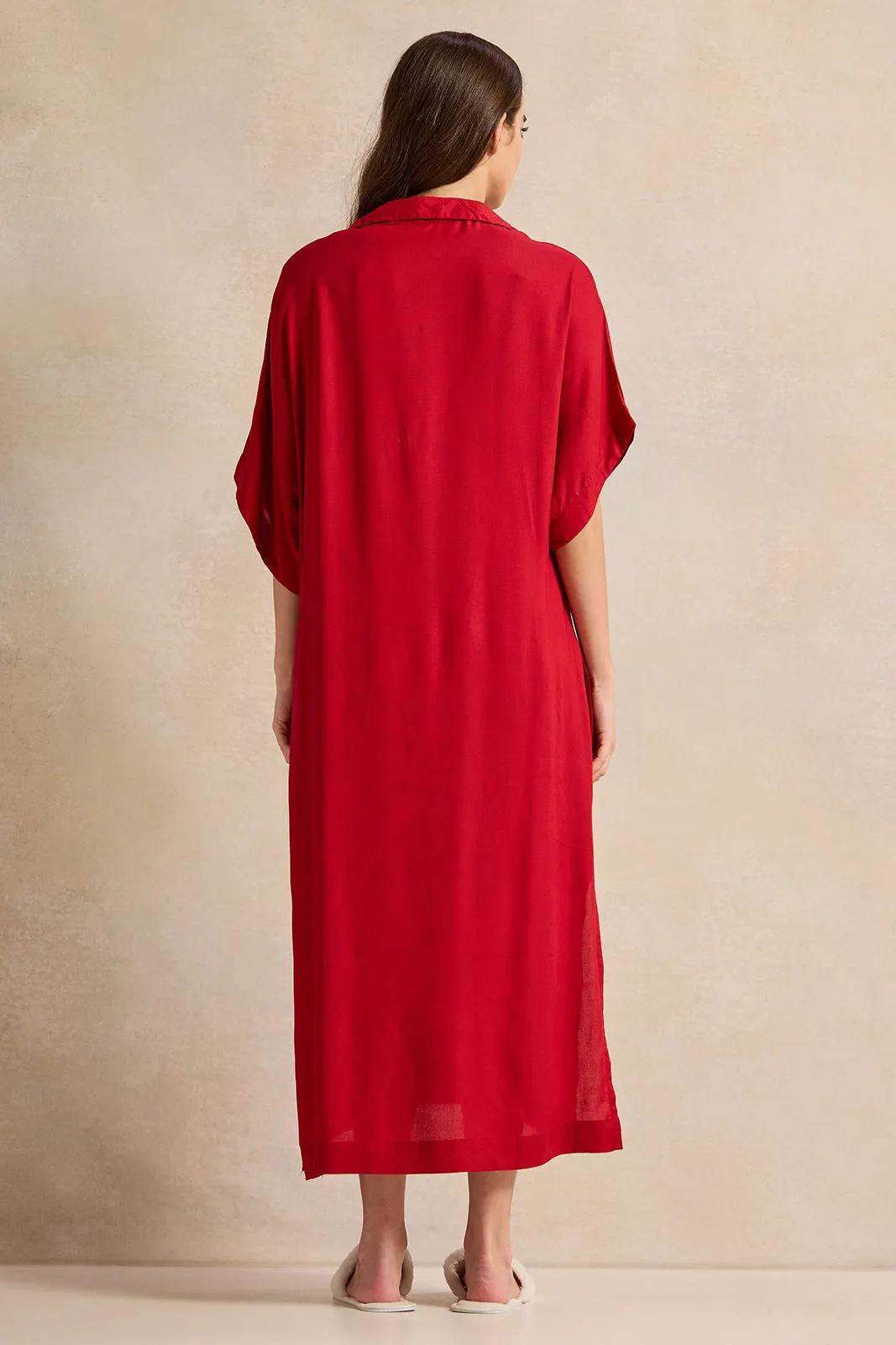 Women Red Plain Kaftan Sleeves Nightgown