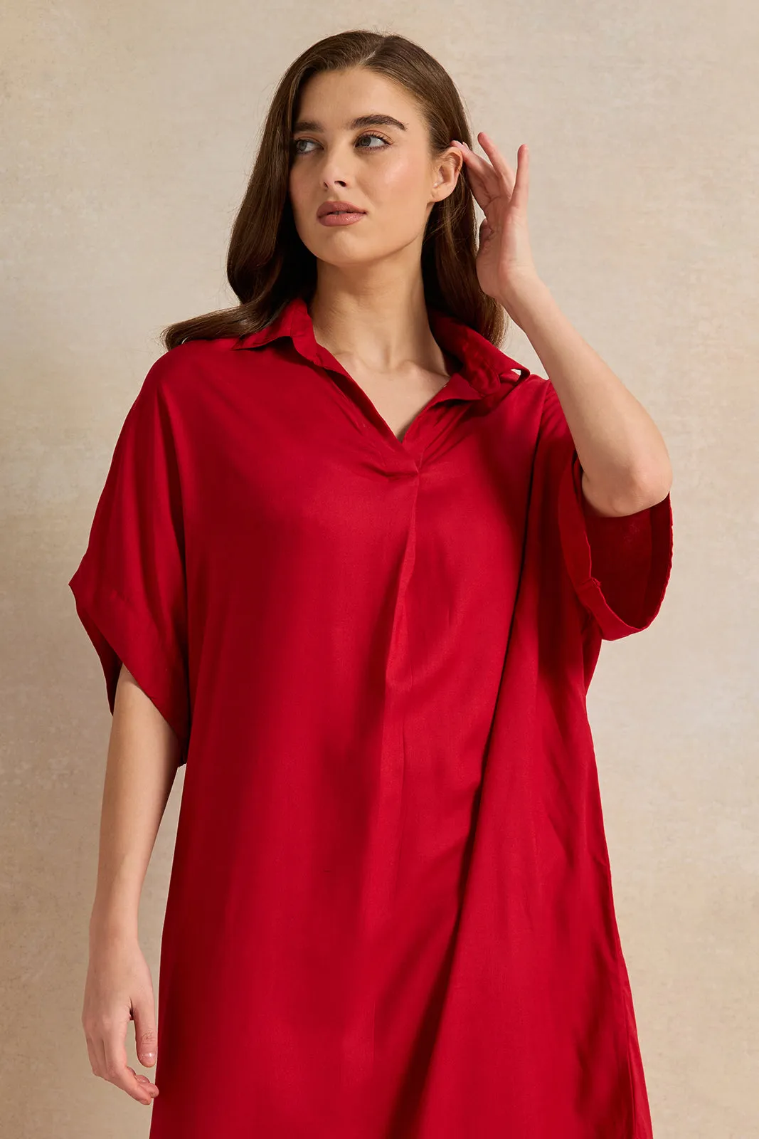 Women Red Plain Kaftan Sleeves Nightgown
