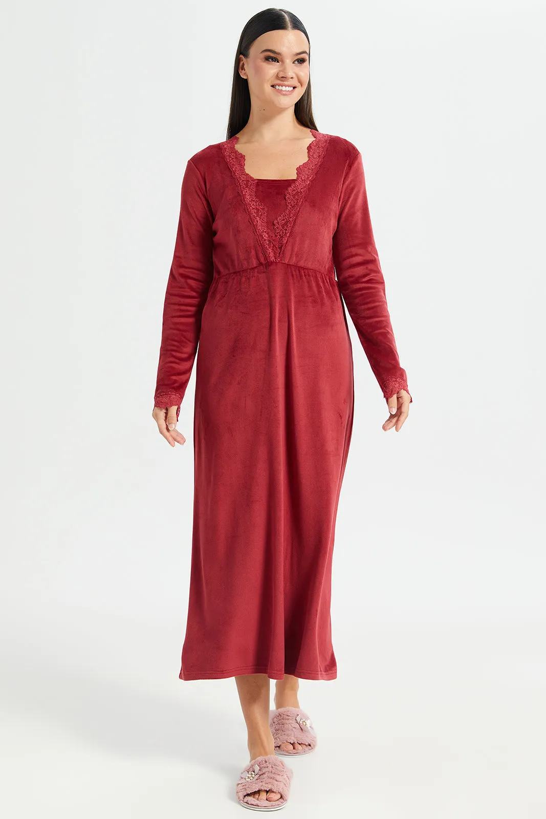 Women Red V-Neck Lace Velvet Nightgown
