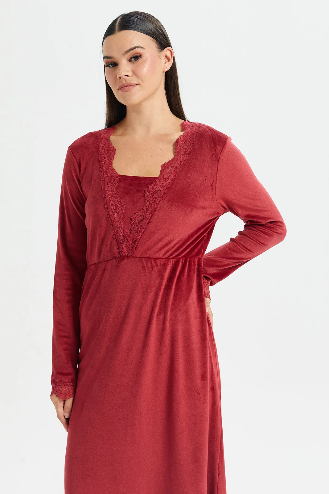 Women Red V-Neck Lace Velvet Nightgown