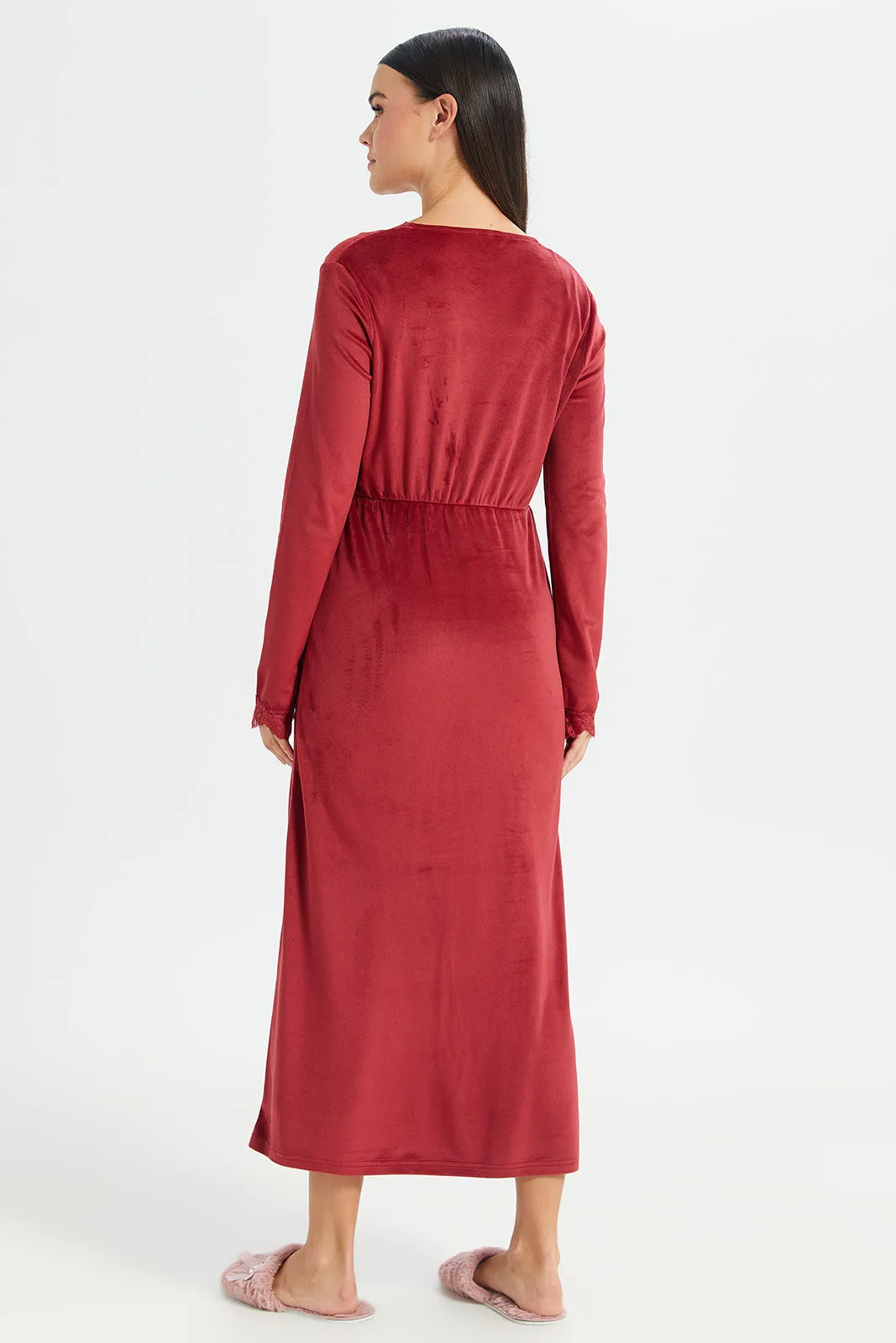 Women Red V-Neck Lace Velvet Nightgown