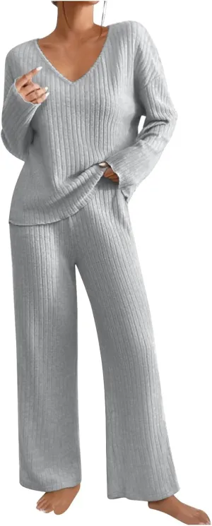 Women Ribbed Knit Pajamas Set V Neck Long Sleeve Pj Set 2 Piece Loungewear Casual Sleepwear Matching Set 2024 Outfits Clothes