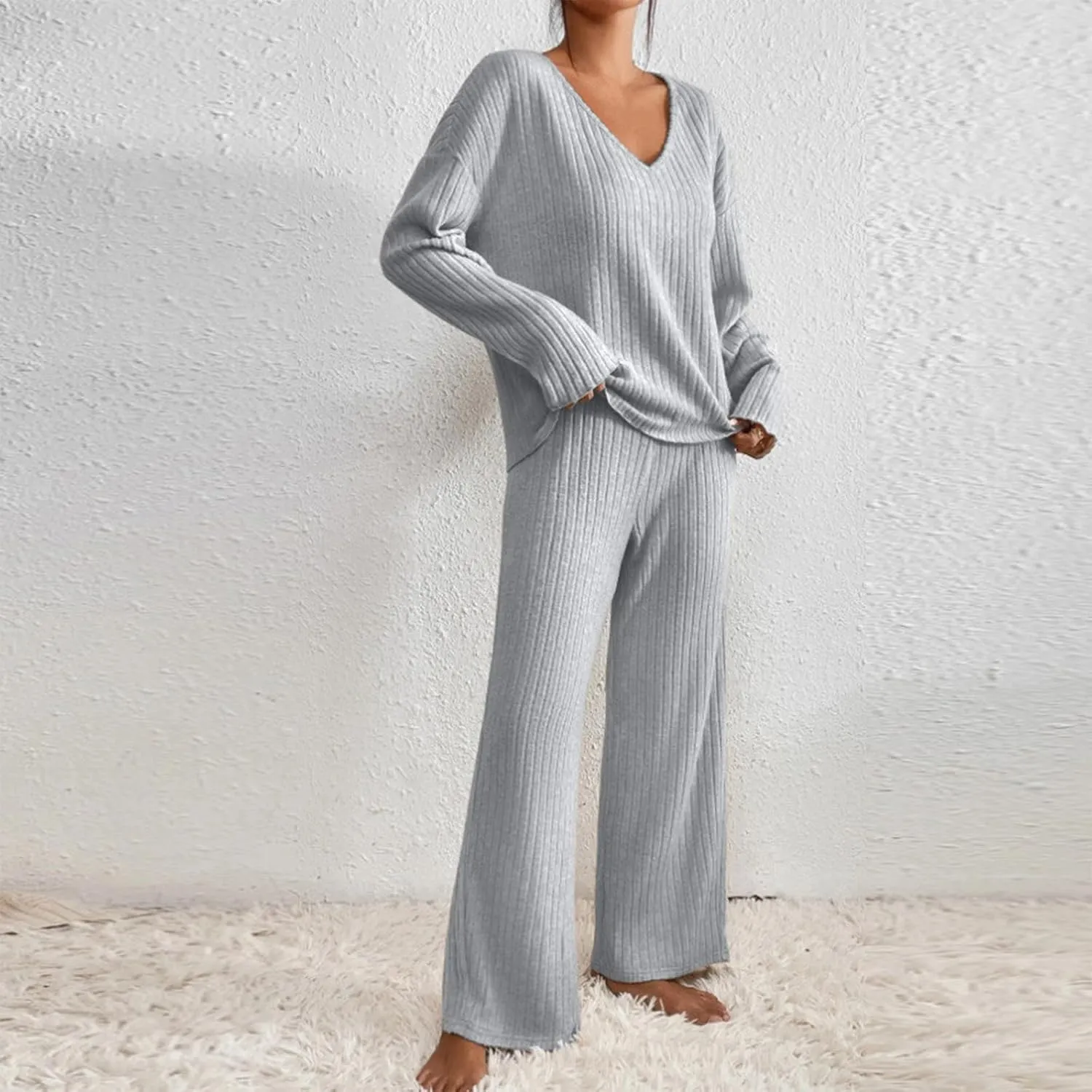Women Ribbed Knit Pajamas Set V Neck Long Sleeve Pj Set 2 Piece Loungewear Casual Sleepwear Matching Set 2024 Outfits Clothes