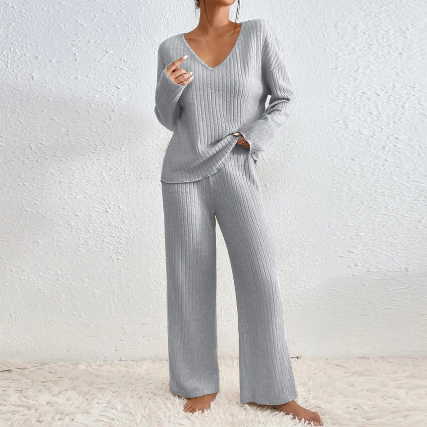Women Ribbed Knit Pajamas Set V Neck Long Sleeve Pj Set 2 Piece Loungewear Casual Sleepwear Matching Set 2024 Outfits Clothes