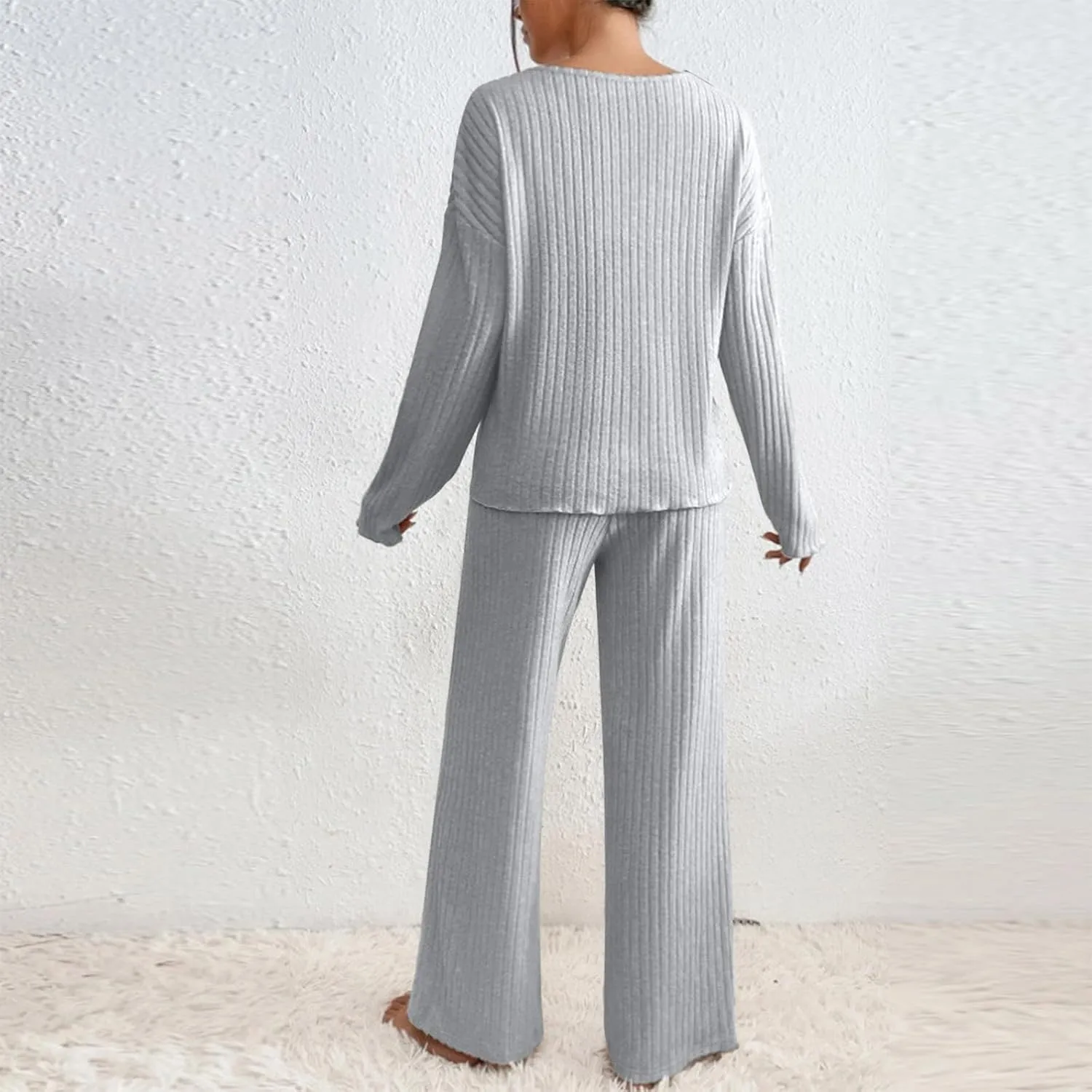 Women Ribbed Knit Pajamas Set V Neck Long Sleeve Pj Set 2 Piece Loungewear Casual Sleepwear Matching Set 2024 Outfits Clothes