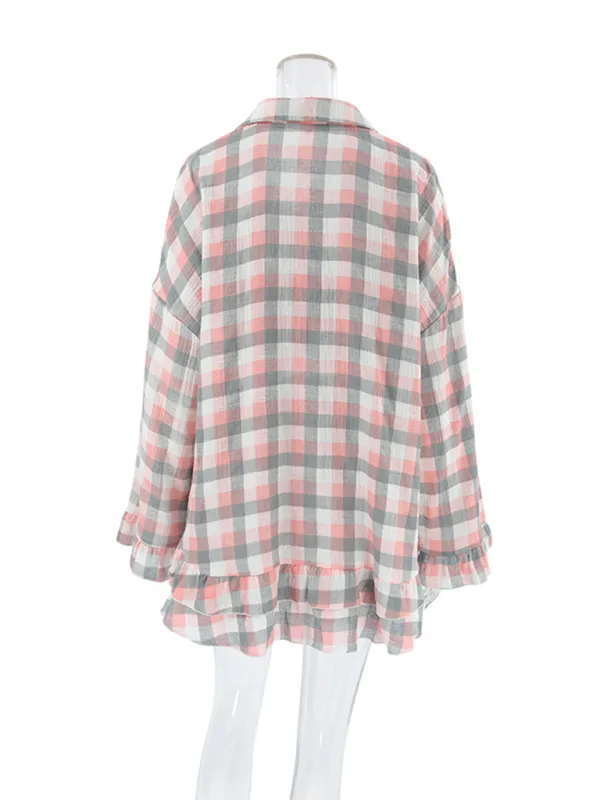 Women Ruffles Three-Piece Plaid Loungewear Set