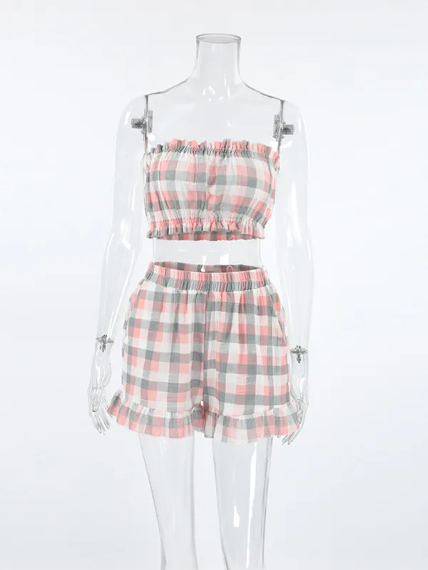 Women Ruffles Three-Piece Plaid Loungewear Set