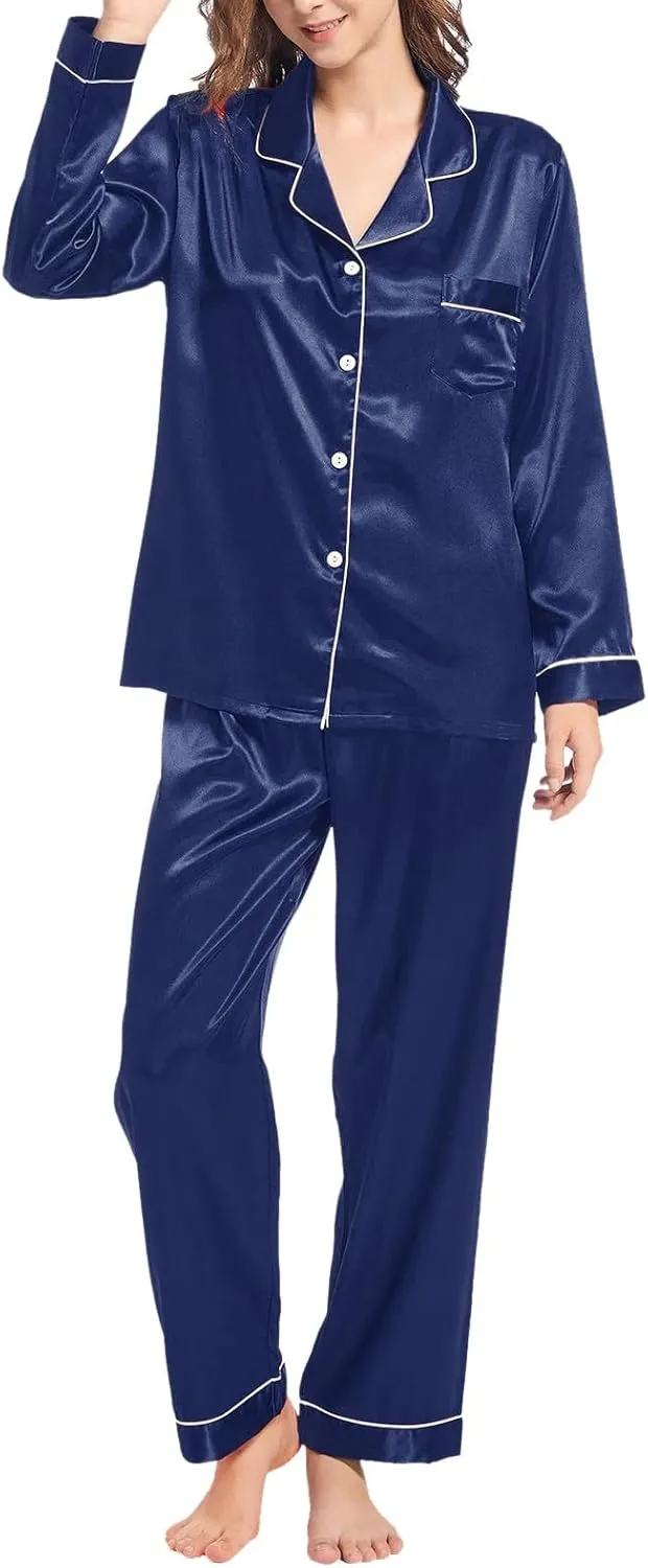 Women Satin Pajamas Set Pajama Pants Loungewear Button Down Long Sleeve Pj Set Soft Sexy Comfy 2 Piece ounge Set