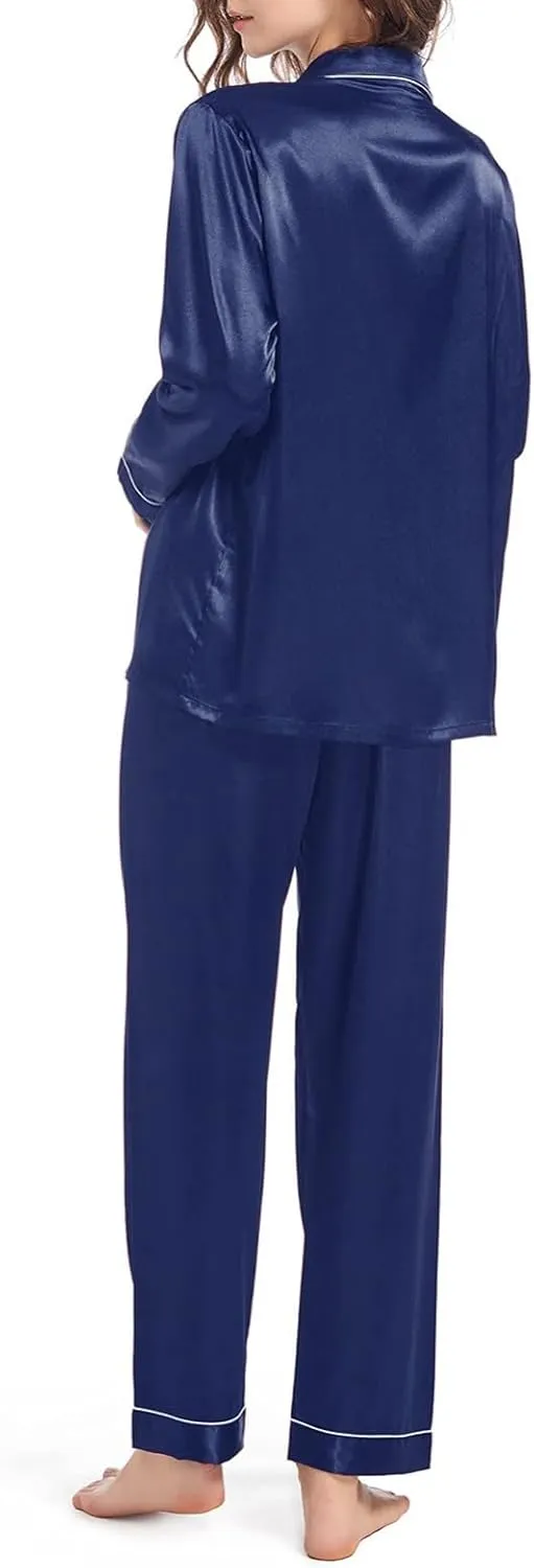 Women Satin Pajamas Set Pajama Pants Loungewear Button Down Long Sleeve Pj Set Soft Sexy Comfy 2 Piece ounge Set