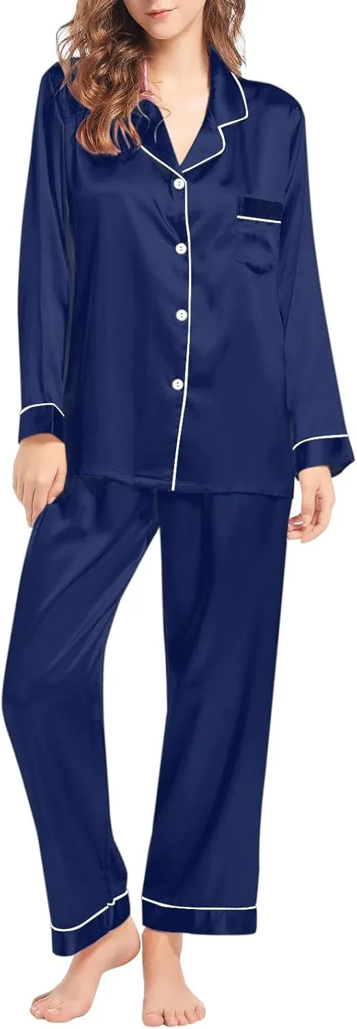 Women Satin Pajamas Set Pajama Pants Loungewear Button Down Long Sleeve Pj Set Soft Sexy Comfy 2 Piece ounge Set