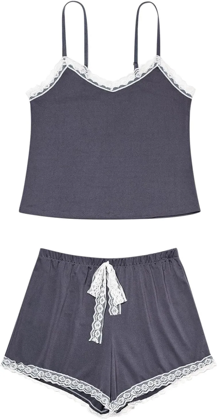 Women Sexy 2 Piece Pajama Set Ribbed Knit Y2k Lingerie 2 Piece Lace Trim Cami Top and Shorts Sleepwear Loungewear