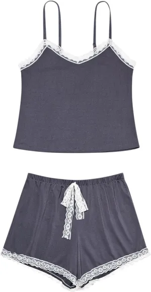Women Sexy 2 Piece Pajama Set Ribbed Knit Y2k Lingerie 2 Piece Lace Trim Cami Top and Shorts Sleepwear Loungewear