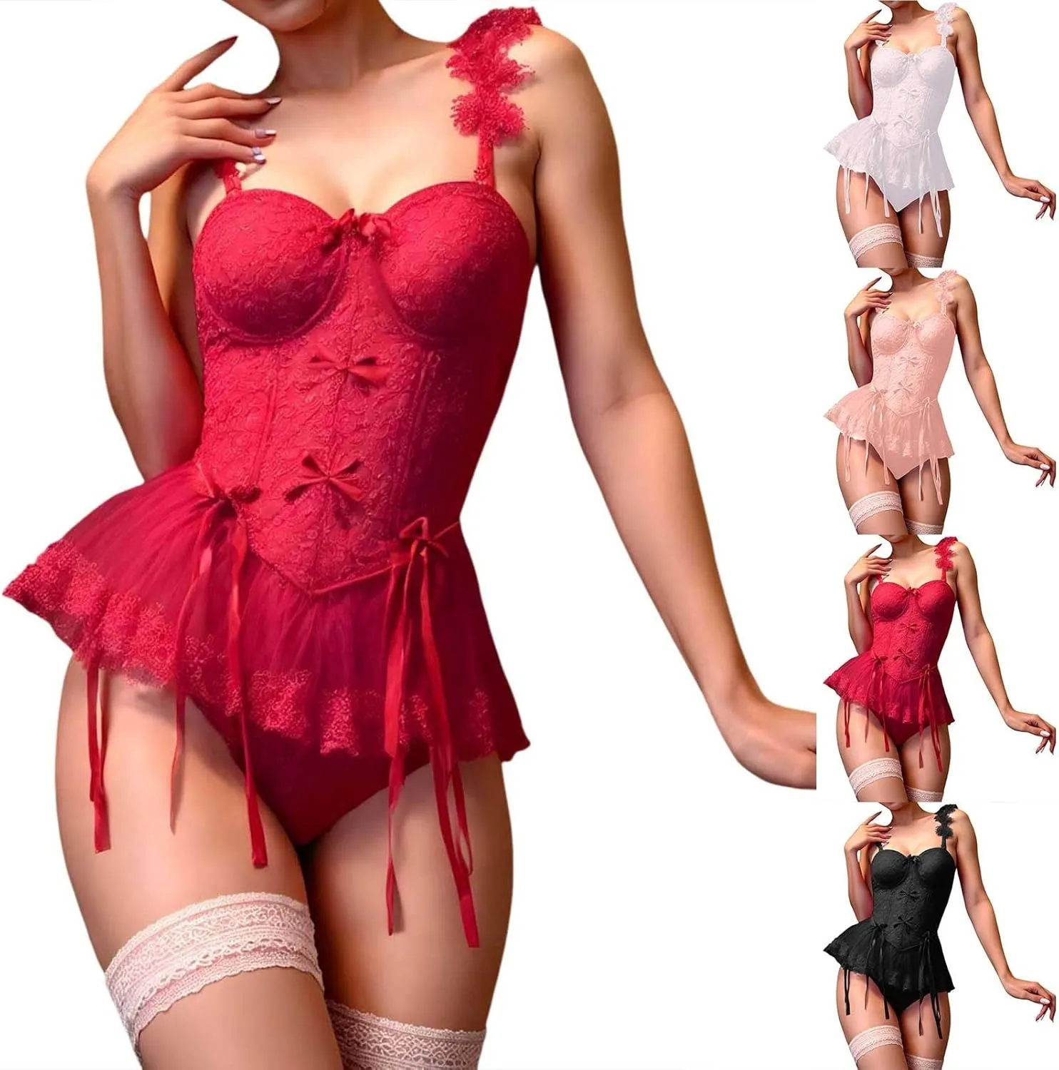 Women Sexy Lingerie Set Lace Up Corset Bodysuit Underwire With Garter Belt Nightgown Bow Tie Sleepwear Chemise