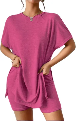 Women Short Two Piece Sets Summer Soft Comfy Loungewear 2 Piece Outfits Casual Loose Fashion Side Split T Shirts and Shorts