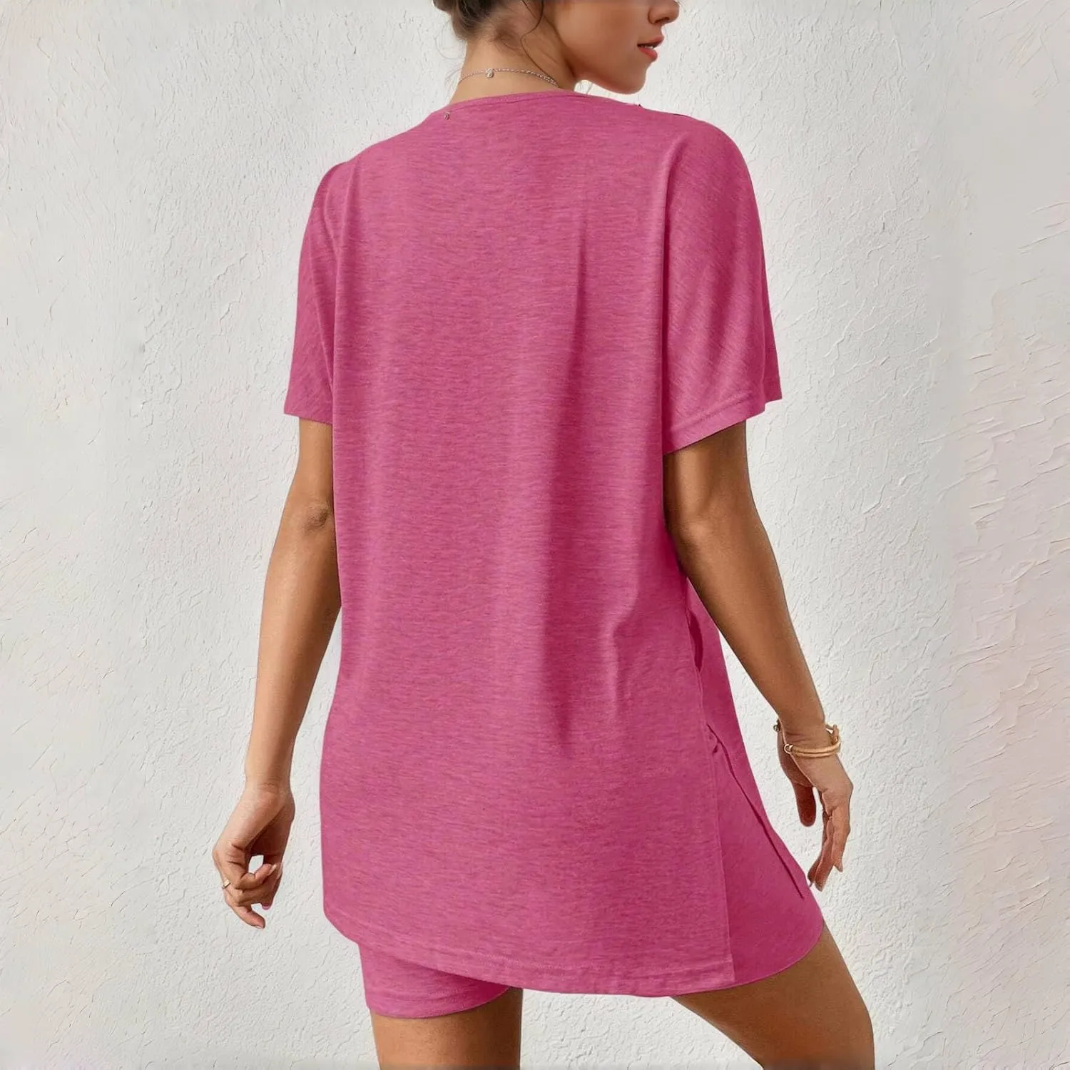 Women Short Two Piece Sets Summer Soft Comfy Loungewear 2 Piece Outfits Casual Loose Fashion Side Split T Shirts and Shorts