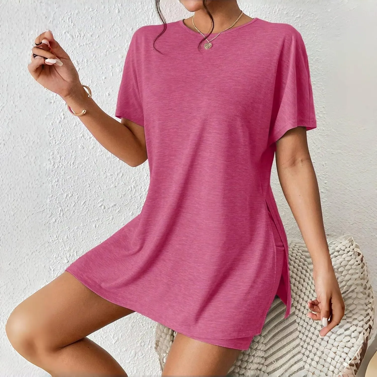 Women Short Two Piece Sets Summer Soft Comfy Loungewear 2 Piece Outfits Casual Loose Fashion Side Split T Shirts and Shorts