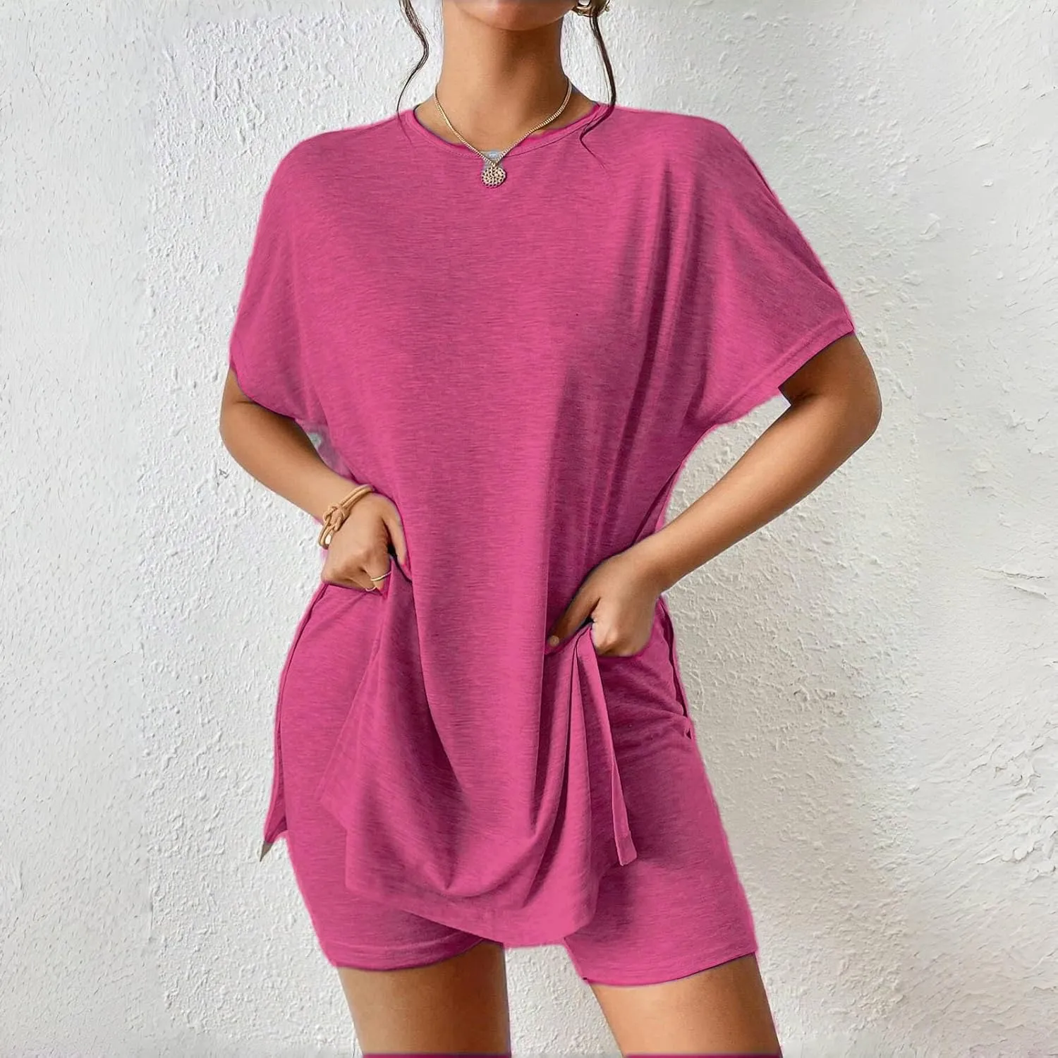 Women Short Two Piece Sets Summer Soft Comfy Loungewear 2 Piece Outfits Casual Loose Fashion Side Split T Shirts and Shorts