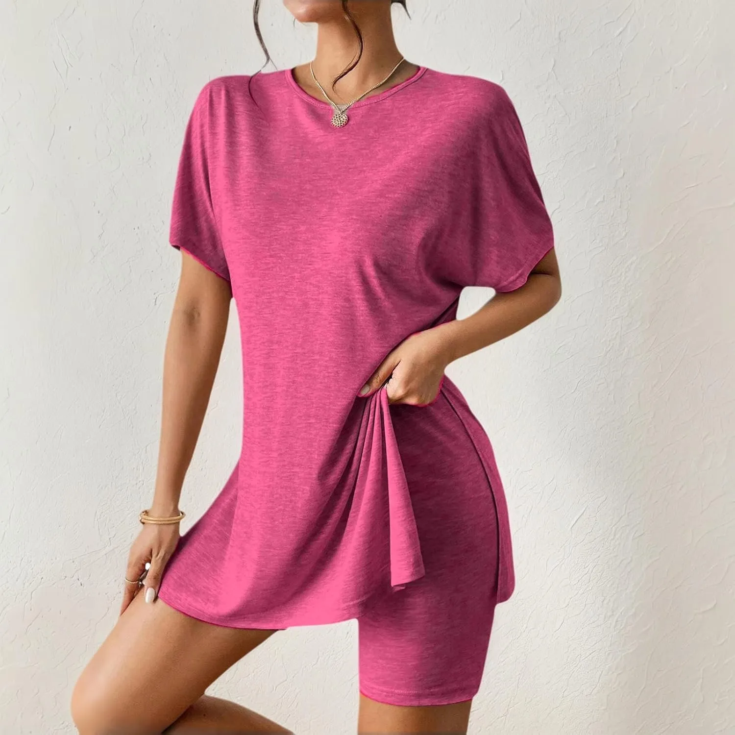 Women Short Two Piece Sets Summer Soft Comfy Loungewear 2 Piece Outfits Casual Loose Fashion Side Split T Shirts and Shorts