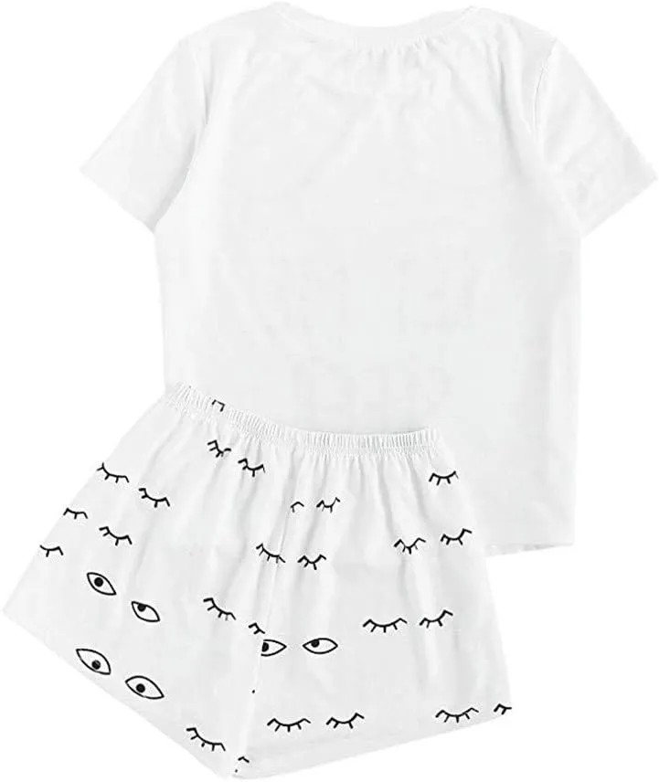 Women Silk Pajamas Set Women's Casual Shorts Short Sleeve Print T-Shirt Sleepwear Nightwear Set Short Sleeve