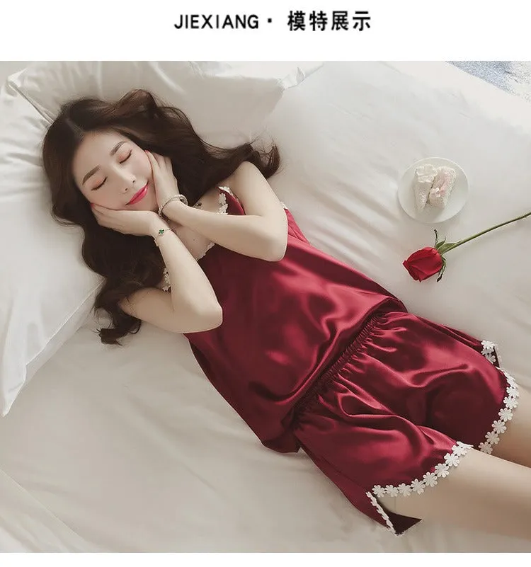 Women Sleeveless Solid Color Embroider Sling Pajamas Set Ice Silk Sexy Camisole Nightie Sleep Shorts Pyjamas Suit L S3598027