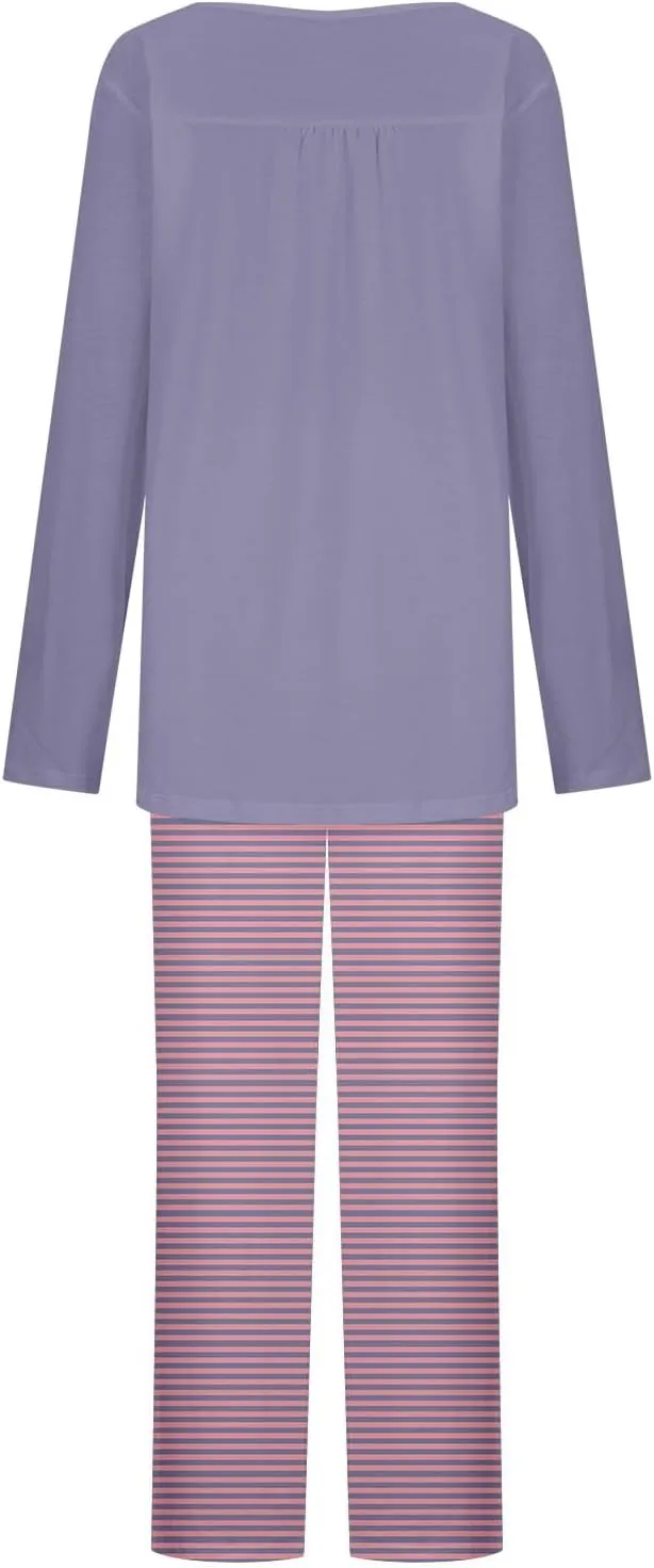 Women Striped Pajama Pant 2 Piece Set Soft Comfy Loungewear Outfits Long Sleeve Front Pleated Henley Shirt Sleepwear