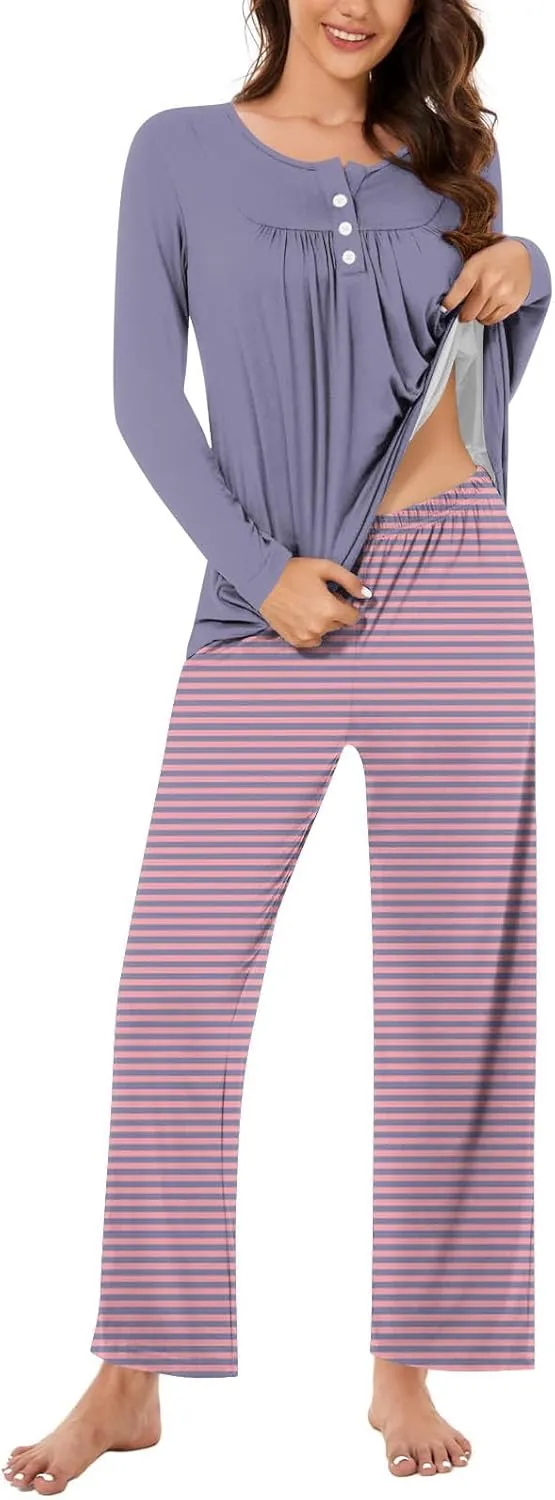 Women Striped Pajama Pant 2 Piece Set Soft Comfy Loungewear Outfits Long Sleeve Front Pleated Henley Shirt Sleepwear