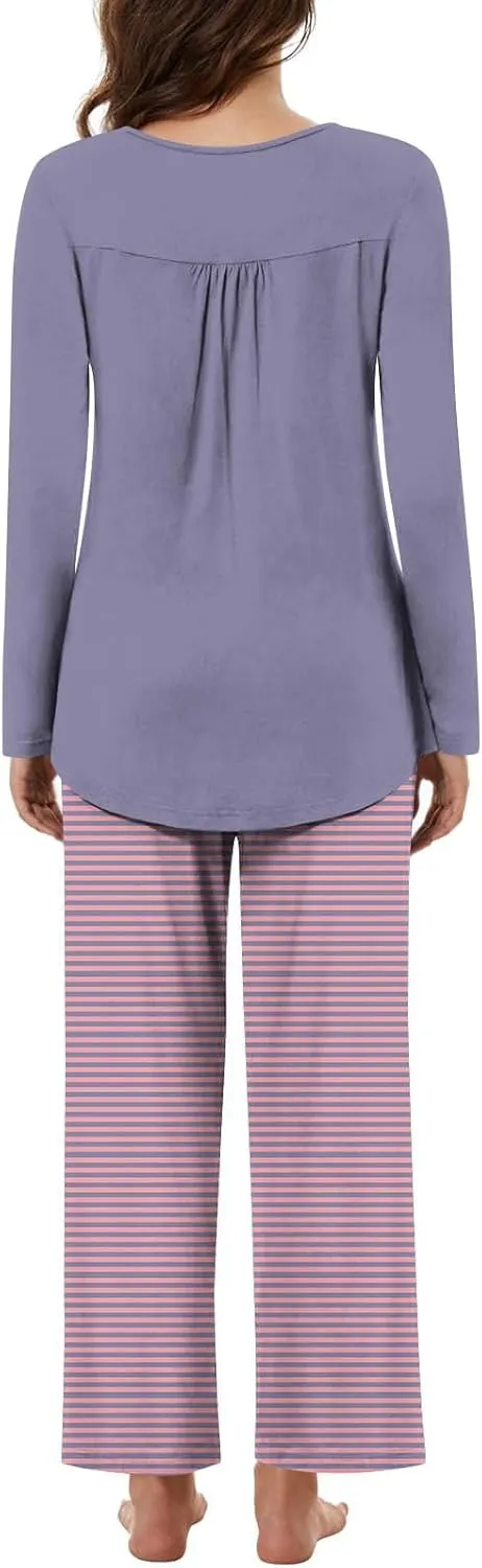 Women Striped Pajama Pant 2 Piece Set Soft Comfy Loungewear Outfits Long Sleeve Front Pleated Henley Shirt Sleepwear