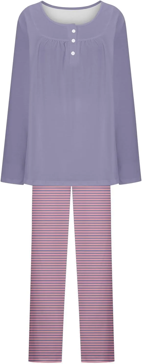 Women Striped Pajama Pant 2 Piece Set Soft Comfy Loungewear Outfits Long Sleeve Front Pleated Henley Shirt Sleepwear