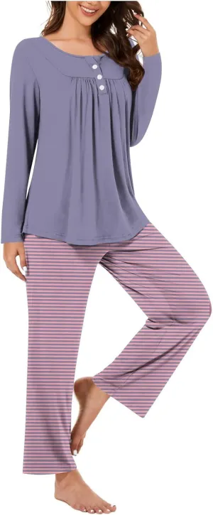 Women Striped Pajama Pant 2 Piece Set Soft Comfy Loungewear Outfits Long Sleeve Front Pleated Henley Shirt Sleepwear