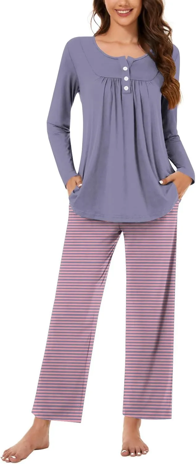 Women Striped Pajama Pant 2 Piece Set Soft Comfy Loungewear Outfits Long Sleeve Front Pleated Henley Shirt Sleepwear