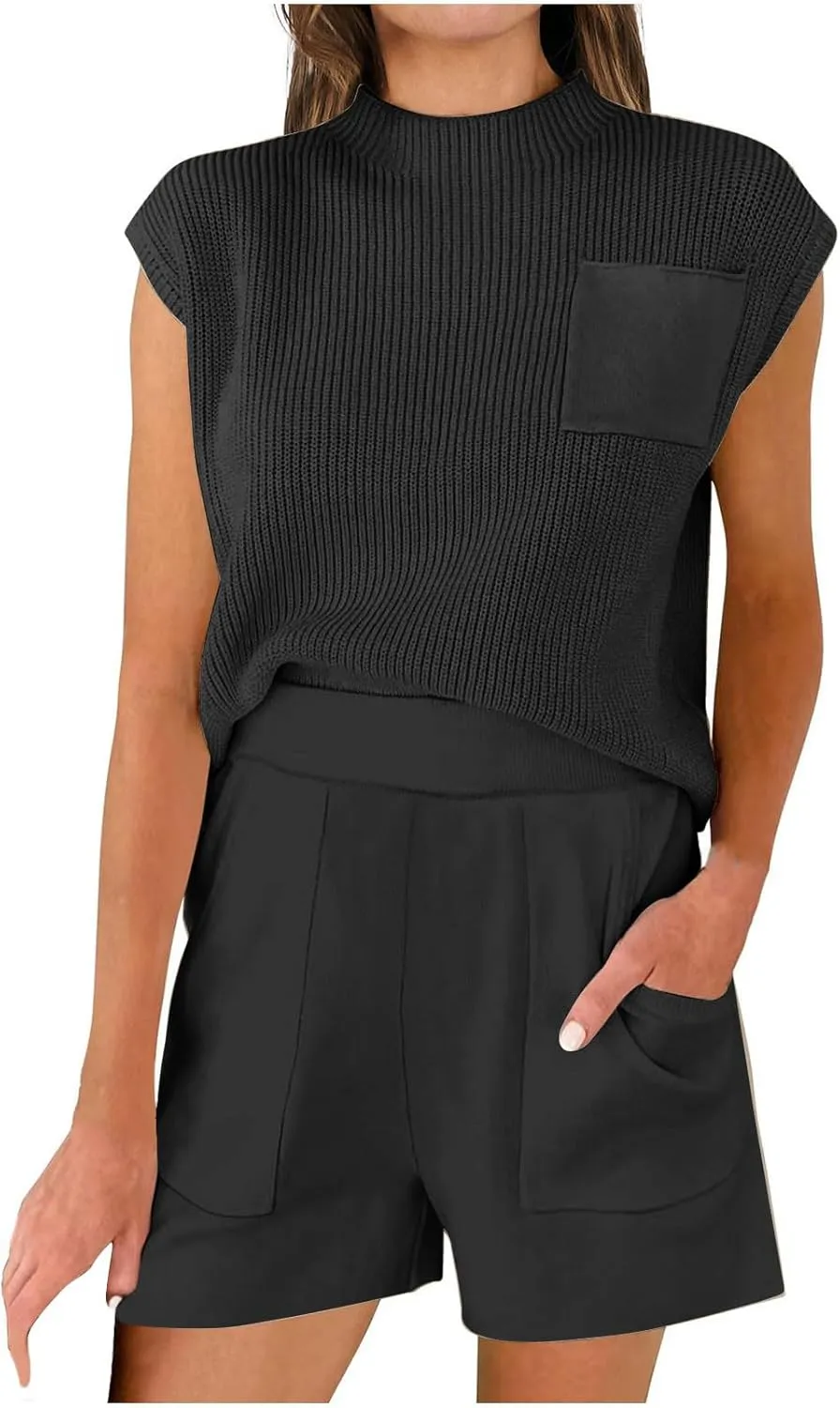 Women Summer 2 Piece Outfit Sleeveless Knit Top and Shorts Soft Lounge Set Travel Beach Sweatsuit 2025 Spring Clothes