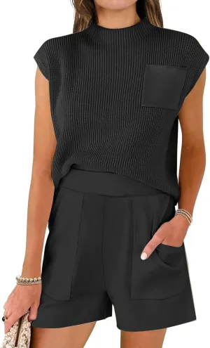 Women Summer 2 Piece Outfit Sleeveless Knit Top and Shorts Soft Lounge Set Travel Beach Sweatsuit 2025 Spring Clothes