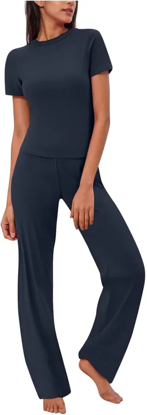 Women Summer Two Piece Outfits Casual Short Sleeve Pullover and Long Pants Tracksuit Travel Pajama Jogger Lounge Set