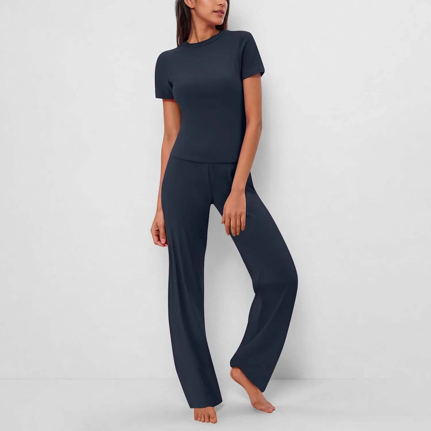Women Summer Two Piece Outfits Casual Short Sleeve Pullover and Long Pants Tracksuit Travel Pajama Jogger Lounge Set