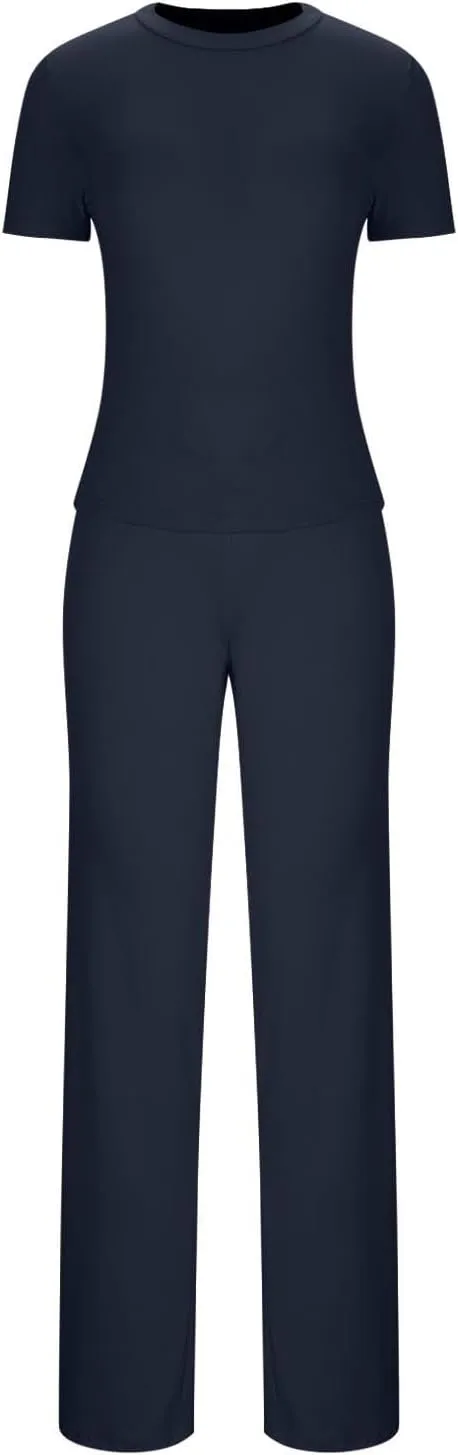 Women Summer Two Piece Outfits Casual Short Sleeve Pullover and Long Pants Tracksuit Travel Pajama Jogger Lounge Set