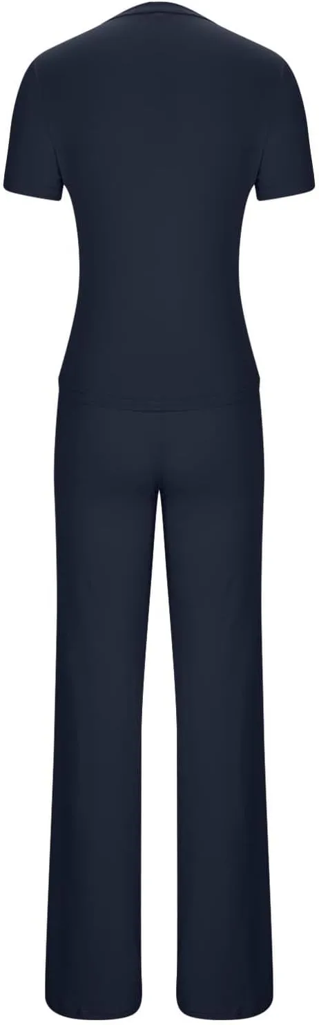 Women Summer Two Piece Outfits Casual Short Sleeve Pullover and Long Pants Tracksuit Travel Pajama Jogger Lounge Set