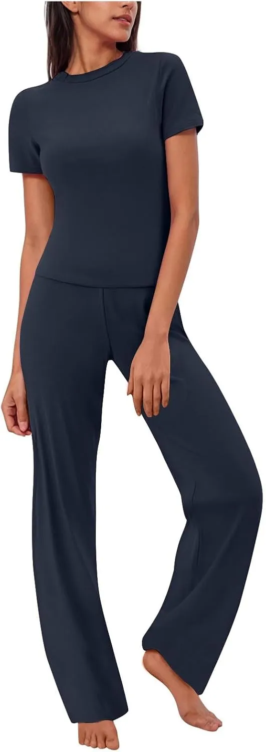 Women Summer Two Piece Outfits Casual Short Sleeve Pullover and Long Pants Tracksuit Travel Pajama Jogger Lounge Set