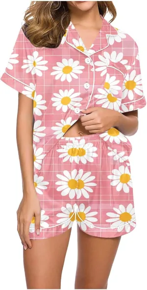 Women Sunflower Print Casual Pajamas Sets Short Sleeve Button Lapel Shirts with High Waisted Comfy Shorts Suits