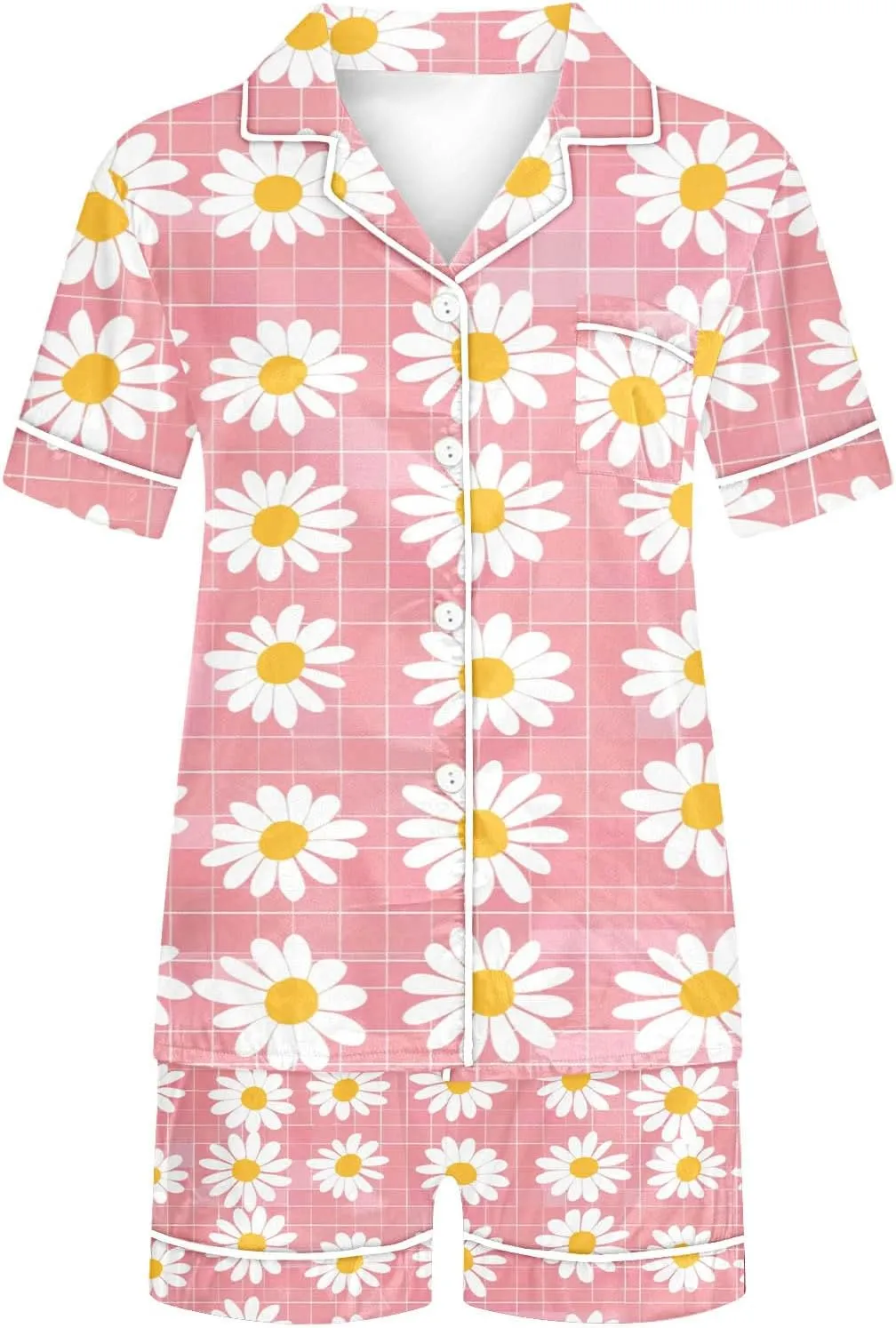 Women Sunflower Print Casual Pajamas Sets Short Sleeve Button Lapel Shirts with High Waisted Comfy Shorts Suits