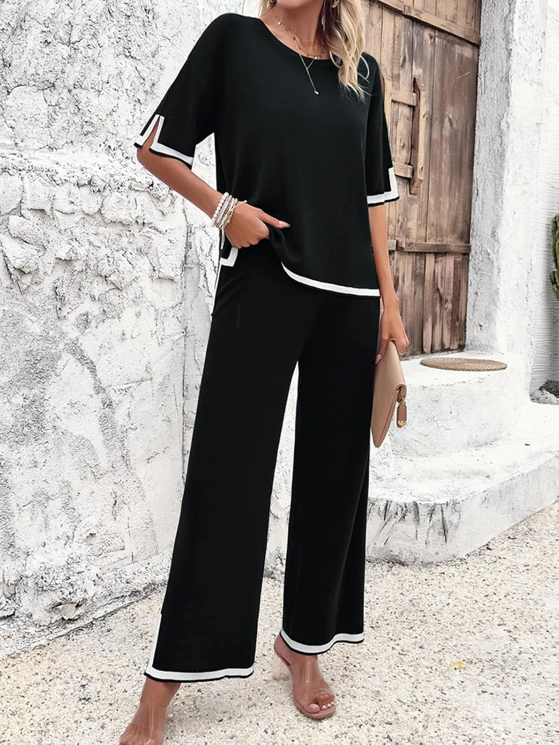 Women Two-Piece Leisure Suit Short Sleeve Ribbed Knitted Jumper Long Trousers Lounge Set Crew Neck Leisure Outfit