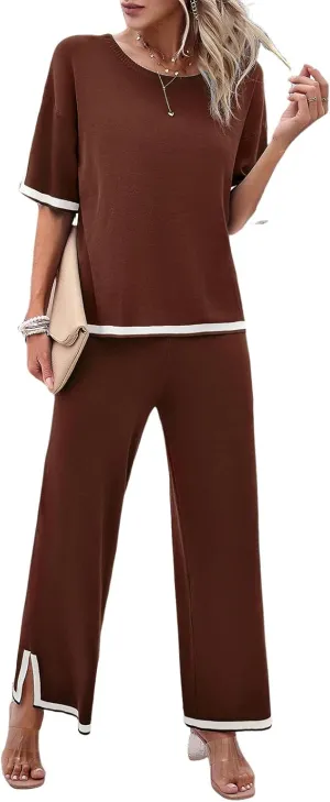 Women Two-Piece Leisure Suit Short Sleeve Ribbed Knitted Jumper Long Trousers Lounge Set Crew Neck Leisure Outfit