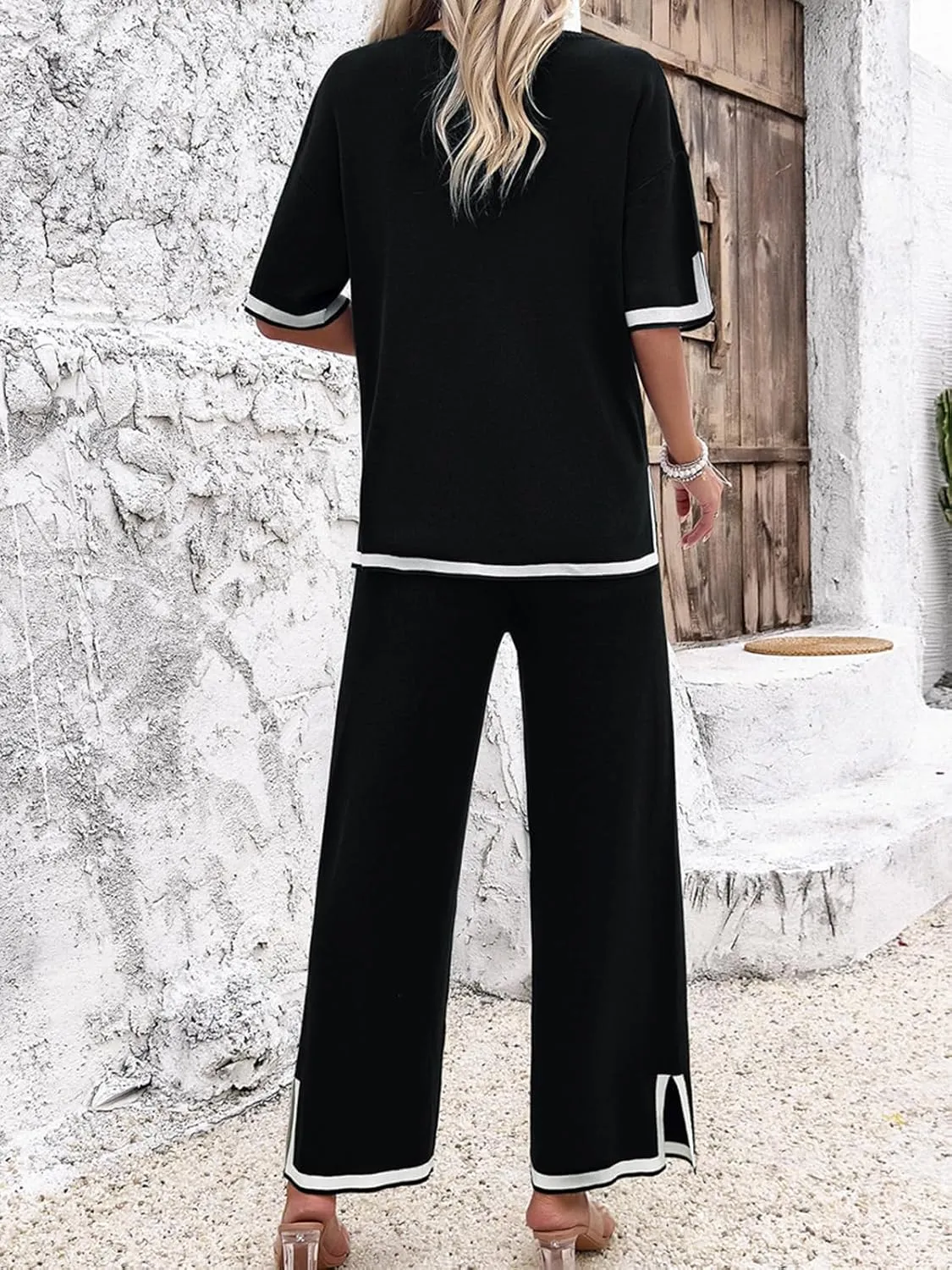 Women Two-Piece Leisure Suit Short Sleeve Ribbed Knitted Jumper Long Trousers Lounge Set Crew Neck Leisure Outfit