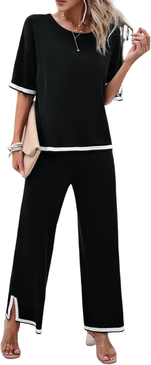Women Two-Piece Leisure Suit Short Sleeve Ribbed Knitted Jumper Long Trousers Lounge Set Crew Neck Leisure Outfit