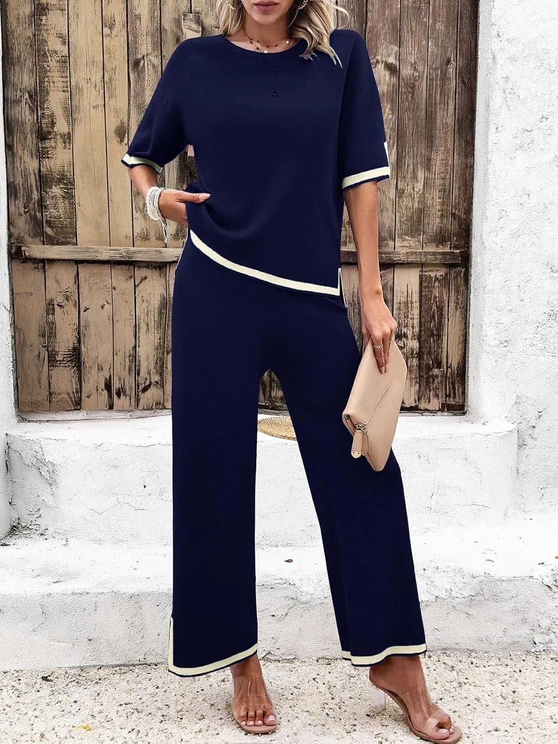 Women Two-Piece Leisure Suit Short Sleeve Ribbed Knitted Jumper Long Trousers Lounge Set Crew Neck Leisure Outfit