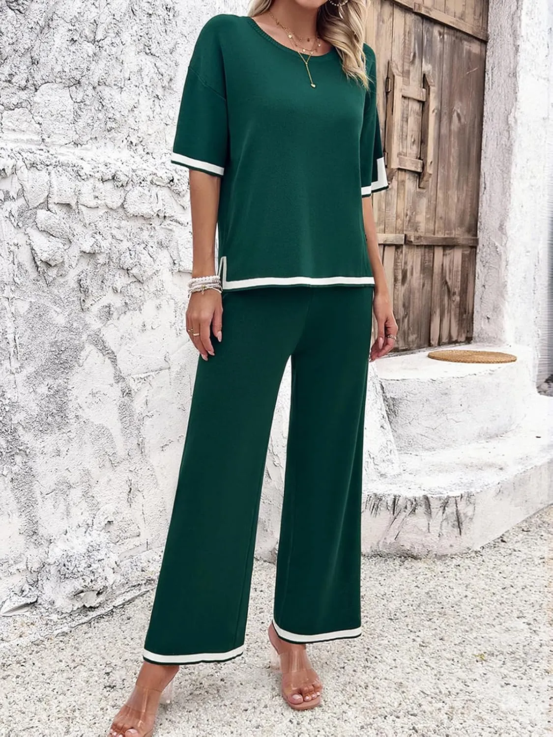 Women Two-Piece Leisure Suit Short Sleeve Ribbed Knitted Jumper Long Trousers Lounge Set Crew Neck Leisure Outfit
