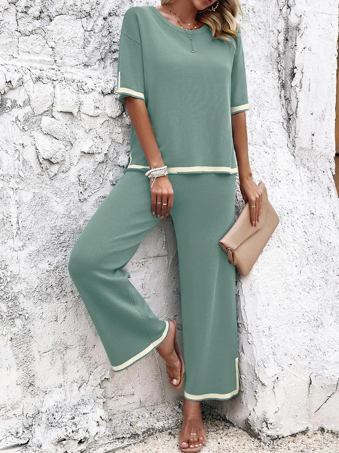 Women Two-Piece Leisure Suit Short Sleeve Ribbed Knitted Jumper Long Trousers Lounge Set Crew Neck Leisure Outfit