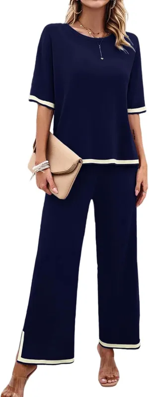 Women Two-Piece Leisure Suit Short Sleeve Ribbed Knitted Jumper Long Trousers Lounge Set Crew Neck Leisure Outfit
