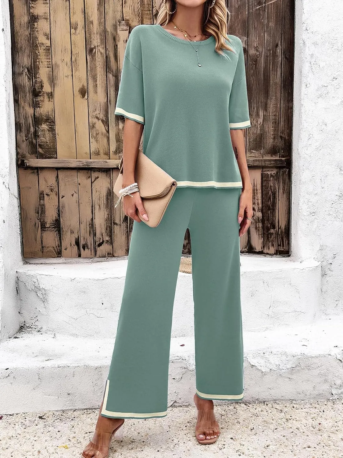 Women Two-Piece Leisure Suit Short Sleeve Ribbed Knitted Jumper Long Trousers Lounge Set Crew Neck Leisure Outfit