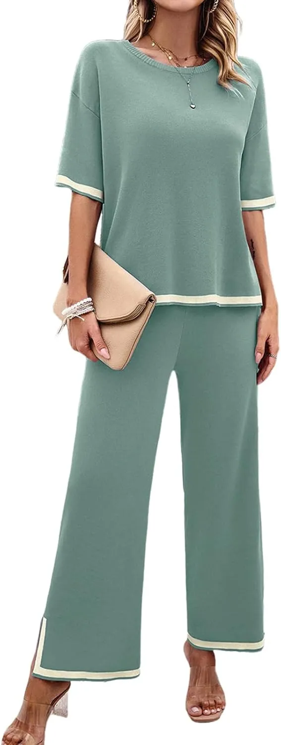 Women Two-Piece Leisure Suit Short Sleeve Ribbed Knitted Jumper Long Trousers Lounge Set Crew Neck Leisure Outfit