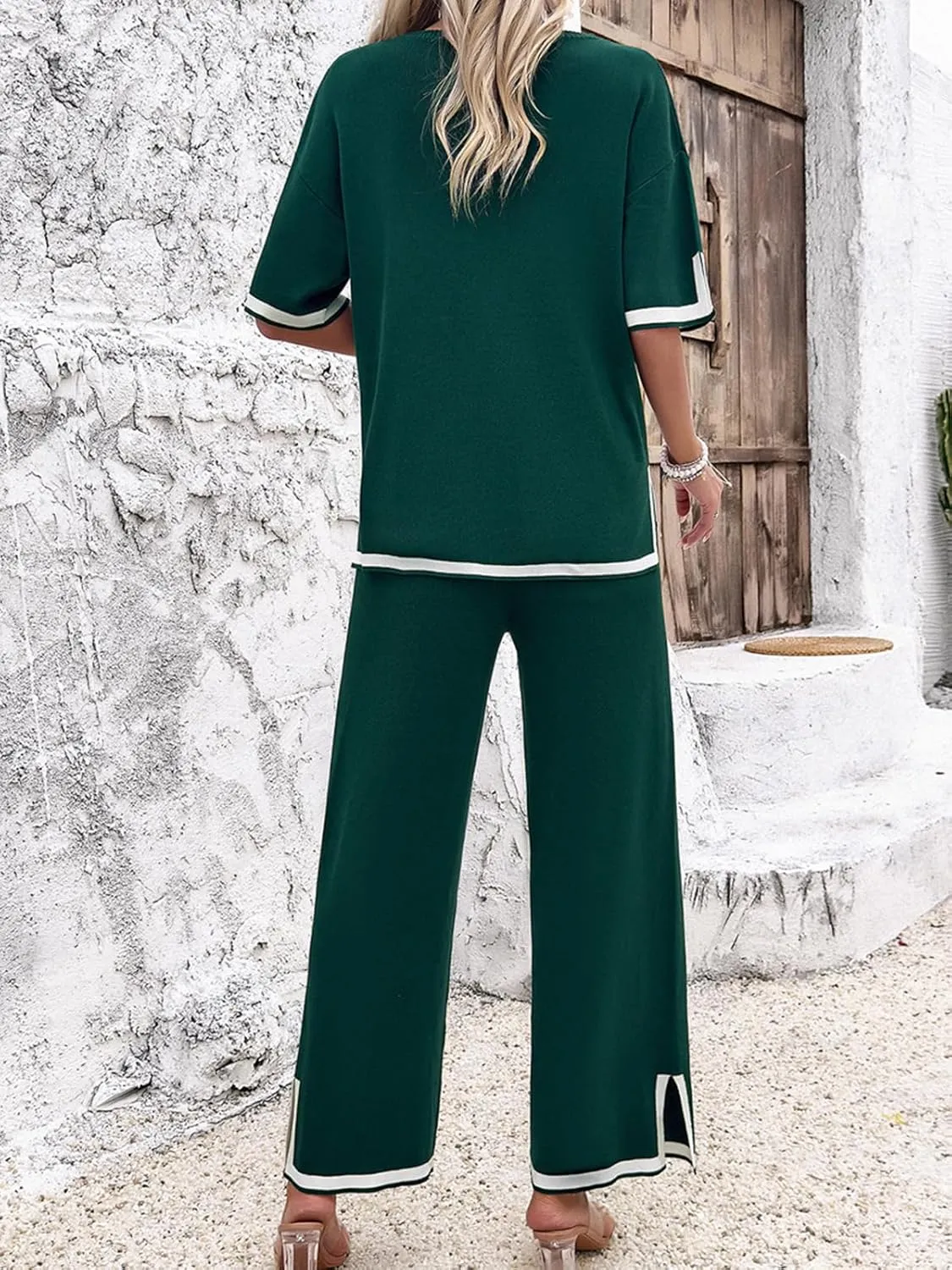 Women Two-Piece Leisure Suit Short Sleeve Ribbed Knitted Jumper Long Trousers Lounge Set Crew Neck Leisure Outfit